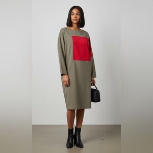 Olive and Red Colorblock Ponte Contemporary Dolman Long Sleeve Midi Dress Size L